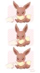  1other :3 :p animal_focus artist_name blush brown_eyes closed_mouth commentary_request eevee highres index_finger_raised jippe looking_at_viewer pokemon pokemon_(creature) poking polka_dot polka_dot_background signature simple_background sitting smile tongue tongue_out white_background 