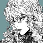 1boy androgynous berserk griffith_(berserk) highres long_hair looking_at_viewer male_focus monochrome my_nameisyoon simple_background solo wavy_hair white_hair