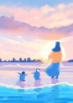  1girl bird blue_hair blue_skirt cloud clouds day facing_away highres long_hair long_skirt ocean original outdoors penguin scenery shadow skirt sky standing sunrise tabi_(tabisumika) 