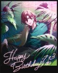  1boy azo belt black_border black_pants blue_belt border brown_hair collared_shirt crossed_legs feet_out_of_frame green_shirt grey_eyes hair_between_eyes hand_on_own_knee happy_birthday highres jacket kotobuki_reiji looking_at_viewer male_focus medium_hair open_clothes open_jacket pants parted_lips plant shirt sitting solo uta_no_prince-sama wall yellow_jacket 