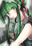 1girl absurdres bangs bare_shoulders bendy_straw blush c.c. cup disposable_cup drinking drinking_straw drinking_straw_in_mouth eyes_visible_through_hair green_hair green_hairband hair_ribbon hairband hand_up highres holding holding_cup long_hair looking_at_viewer microa orange_eyes red_ribbon ribbon sidelocks solo stairs touhoku_zunko vocaloid voiceroid