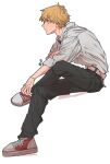 1boy baggy_clothes black_necktie black_pants blonde_hair chainsaw_man collared_shirt crossed_legs denji_(chainsaw_man) from_side highres looking_to_the_side male_focus necktie pants red_footwear shirt shoes short_hair simple_background sitting sleeves_rolled_up sneakers solo tasuketemama white_background white_shirt