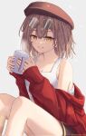 1girl :d artist_name bangs bare_shoulders brown_eyes brown_hair brown_shorts casual coffee coffee_mug cup eyewear_on_head gradient gradient_background grin highres holding holding_cup hololive hololive_english jacket leonardo_566 long_sleeves looking_at_viewer mug nanashi_mumei off_shoulder red_jacket shirt short_hair shorts simple_background sitting sleeveless sleeveless_shirt smile solo sunglasses teeth virtual_youtuber white_background white_shirt