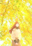 1girl animal_on_head autumn autumn_leaves bird brown_hair brown_skirt closed_eyes day facing_viewer ginkgo highres long_hair long_sleeves on_head original outdoors penguin scenery skirt smile solo standing sweater tabi_(tabisumika) tree