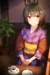 1girl blurry brown_hair cafe coffee_cup cup depth_of_field disposable_cup highres japanese_clothes kimono looking_at_viewer obi original sash smile solo tamanoti teacup