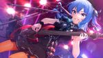 1girl bangs blue_eyes blue_hair breasts commentary_request dress electric_guitar grin guitar hololive hoshimachi_suisei instrument jewelry lights microphone_stand mikami_(mcm_ncb) music neck_ribbon official_alternate_costume official_art orange_nails orange_pantyhose pantyhose playing_instrument ribbon ring scrunchie small_breasts smile solo star_(symbol) star_in_eye symbol_in_eye teeth thigh_strap virtual_youtuber wrist_scrunchie
