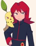  1boy bangs black_jacket chikorita commentary_request hand_on_hip highres jacket long_hair long_sleeves looking_to_the_side male_focus on_shoulder parted_lips pokemon pokemon_(creature) pokemon_(game) pokemon_hgss pokemon_on_shoulder redhead silver_(pokemon) tyako_089 upper_body violet_eyes 