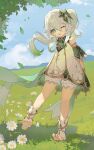  1girl absurdres armlet arms_behind_back bare_shoulders clouds flower genshin_impact green_eyes highres kuweichuanxin_jr leaf leg_up long_hair looking_at_viewer nahida_(genshin_impact) on_grass one_eye_closed pointy_ears sky sleeveless solo toeless_footwear tongue tongue_out white_footwear 
