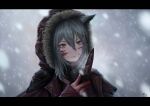 1girl 3v_ju absurdres animal_ears arknights blood blood_on_face blood_on_hands blood_on_knife dated fur-trimmed_hood fur_trim grey_background grey_hair hair_between_eyes hand_up highres holding holding_knife hood hood_up hooded_jacket jacket knife letterboxed long_hair long_sleeves mask mask_around_neck outdoors parted_lips portrait projekt_red_(arknights) red_jacket signature smile snow snowing solo wolf_ears wolf_girl yellow_eyes