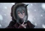 1girl 3v_ju absurdres animal_ears arknights dated fur-trimmed_hood fur_trim grey_background grey_hair hair_between_eyes hand_up highres holding holding_knife hood hood_up hooded_jacket jacket knife letterboxed long_hair long_sleeves mask mask_around_neck outdoors parted_lips portrait projekt_red_(arknights) red_jacket signature smile snow snowing solo wolf_ears wolf_girl yellow_eyes