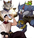  2boys absurdres animal bangs belt black_belt black_gloves black_hair black_nails black_pants book brown_shorts cat claws fingerless_gloves furry furry_male gloves glowing grin highres holding holding_mask jhin league_of_legends looking_down mask mask_removed multiple_boys nail_polish open_book open_mouth pants ryu_(ryuwanshoy) sharp_teeth short_hair shorts simple_background single_bare_arm sitting smile teeth tongue warwick werewolf white_background yuumi_(league_of_legends) 