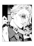 1boy anger_vein animal_print blood blood_on_clothes collared_shirt goggles greyscale highres jujutsu_kaisen leopard_print looking_at_viewer male_focus monochrome nanami_kento necktie parted_lips portrait shinou_ryou shirt short_hair solo