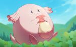 blurry chansey closed_mouth commentary_request day egg full_body happy holding naoki_eguchi no_humans outdoors pokemon pokemon_(creature) sitting sky smile solo