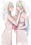 2girls bangs bare_shoulders blush breasts bridal_gauntlets bridal_veil byleth_(fire_emblem) byleth_eisner_(female) closed_mouth commentary_request dress enlightened_byleth_(female) eye_contact fire_emblem fire_emblem:_three_houses flower from_side green_eyes hair_between_eyes happy_tears highres holding ikarin long_hair looking_at_another multiple_girls parted_lips petals pointy_ears profile rhea_(fire_emblem) signature simple_background strapless strapless_dress tears veil very_long_hair wedding wedding_dress white_background white_dress white_flower wife_and_wife yuri 