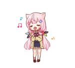  1girl :d animal_ears bangs beamed_eighth_notes black_serafuku black_shirt black_skirt blush_stickers brown_footwear chibi closed_eyes eighth_note facing_viewer fang full_body hair_ornament jacket loafers long_hair low_twintails music musical_note nijisanji nijisanji_kr nuno_(pppompon) open_clothes open_jacket open_mouth pink_hair pink_socks sailor_collar school_uniform serafuku shirt shoes simple_background singing single_sock skirt smile socks solo standing very_long_hair virtual_youtuber white_background white_sailor_collar yang_nari yellow_jacket 