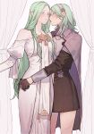  2girls bare_shoulders black_dress black_gloves blush byleth_(fire_emblem) byleth_eisner_(female) cloak commentary_request curtains dress enlightened_byleth_(female) eye_contact eyes_visible_through_hair fire_emblem fire_emblem:_three_houses garreg_mach_monastery_uniform gloves green_eyes green_hair hand_on_another&#039;s_hip headband highres hug ikarin long_hair looking_at_another multiple_girls pointy_ears rhea_(fire_emblem) short_hair skirt standing very_long_hair white_dress yuri 
