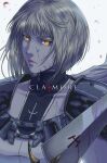 1boy 1girl armor blonde_hair bodysuit cape clare_(claymore) claymore claymore_(sword) collarbone copyright_name dirty dirty_face highres jhony_caballero lips male_focus pauldrons petals short_hair shoulder_armor slit_pupils solo upper_body white_background white_cape wind wind_lift yellow_eyes
