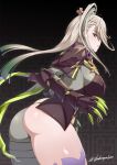  1girl armor ass asymmetrical_clothes bodysuit breastplate breasts colored_tips cowboy_shot crossed_belts darkmaya fate/grand_order fate_(series) green_hair grey_bodysuit grey_eyes grey_hair hair_ornament hairpin high_collar huyan_zhuo_(fate) long_hair looking_at_viewer looking_back multicolored_hair pauldrons shoulder_armor single_pantsleg solo streaked_hair 