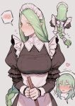  2girls alternate_costume apron bad_id bad_twitter_id bangs black_dress blow blush bow braid breasts broom byleth_(fire_emblem) byleth_eisner_(female) closed_mouth commentary_request dress enlightened_byleth_(female) enmaided fire_emblem fire_emblem:_three_houses flying_sweatdrops green_eyes green_hair grey_background hair_bow heart highres holding holding_broom ikarin large_breasts long_hair long_sleeves maid maid_headdress multiple_girls multiple_views nose_blush parted_lips pointy_ears puffy_long_sleeves puffy_sleeves rhea_(fire_emblem) simple_background single_braid spoken_blush very_long_hair white_apron white_bow yuri 