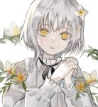 1girl eyebrows_visible_through_hair flower hair_flower hair_ornament lily_(flower) looking_at_viewer medium_hair original own_hands_together plumeria shirt simple_background solo tanu_kitu upper_body white_background white_hair yellow_eyes