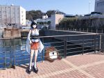  1girl black_hair blue_sky bokukawauso building clouds commentary_request day detached_sleeves geta hair_ornament headgear japanese_clothes kantai_collection otter outdoors photo_background railing red_eyes shark_ishi short_hair sky water yamashiro_(kancolle) 