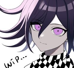  1boy bangs checkered_clothes checkered_scarf danganronpa_(series) danganronpa_v3:_killing_harmony flipped_hair hair_between_eyes male_focus ouma_kokichi pink_eyes portrait purple_hair scarf shiny shiny_hair simple_background smile solo urami0310 white_background 