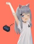 1girl absurdres animal_ears animal_print blue_eyes cat_ears cat_girl cat_print creature dalian_(wlals088) grey_hair hair_ornament hairclip highres indie_virtual_youtuber long_hair looking_at_viewer nachoneko one_eye_closed orange_background red_background shirt short_sleeves simple_background sleepy stretch stretched_limb stretching virtual_youtuber white_shirt zzz