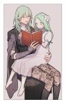  2girls :o aged_down bangs barefoot black_footwear blush book boots breasts byleth_(fire_emblem) byleth_eisner_(female) child commentary_request dress enlightened_byleth_(female) female_child fire_emblem fire_emblem:_three_houses flower garreg_mach_monastery_uniform green_eyes green_hair hair_between_eyes hair_flower hair_ornament highres holding holding_book ikarin knee_boots large_breasts long_hair multiple_girls open_book pantyhose parted_lips pointy_ears rhea_(fire_emblem) simple_background sitting sitting_on_lap sitting_on_person white_dress white_flower wide_sleeves 