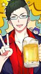 1boy 2girls :d a-chan_(hololive) absurdres alcohol bangs beer beer_mug blue-framed_eyewear blue_bow blue_eyes blue_hair blue_jacket bow brown_hair crying cup daidou_shinove dark_green_hair glasses green_hair hair_bow harusaki_nodoka highres hizaki_gamma_(artist) holding holding_cup hololive holostars jacket looking_at_viewer male_focus mug multiple_boys multiple_girls open_collar outline polka_dot polka_dot_background print_shirt red_shirt shirt short_hair sideburns smile smiley_face star_(symbol) striped striped_shirt swept_bangs upper_body v vertical-striped_shirt vertical_stripes yellow_background