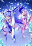  2girls absurdres aoki_reika bike_shorts_under_skirt blue_choker blue_dress blue_eyes blue_footwear blue_hair blue_shirt blue_skirt blue_theme boots bow_(weapon) bracelet breasts brooch choker crystal_earrings cure_beauty cure_diamond dokidoki!_precure dress earrings hair_tubes head_wings heart_brooch highres hishikawa_rikka ice jewelry long_hair magical_girl multiple_girls precure puffy_short_sleeves puffy_sleeves shirt short_sleeves skirt small_breasts smile_precure! tiara tirofinire weapon white_footwear yellow_choker 