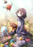  1boy bangs berry_(pokemon) bird brown_hair calem_(pokemon) chespin closed_mouth commentary_request espurr fletchling frown jacket long_sleeves male_focus pants pikachu pokemon pokemon_(creature) pokemon_(game) pokemon_xy shoes short_hair sirius. sitting squirtle watermark yarn yarn_ball zipper_pull_tab 
