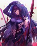  1girl blurry bodysuit breasts contrapposto covered_navel fate/grand_order fate_(series) flower head_tilt hiro_(hirohiro_gorira) large_breasts long_hair looking_at_viewer parted_lips petals polearm purple_hair red_eyes scathach_(fate) scathach_(fate)_(all) scathach_(fate/grand_order) simple_background skin_tight skindentation solo spear torn_clothes veil weapon white_background 