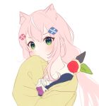 1girl animal_ear_fluff animal_ears bangs black_shirt blush closed_mouth green_eyes hair_between_eyes hair_ornament hairclip hood hood_down hooded_jacket jacket long_hair long_sleeves looking_at_viewer multicolored_hair nijisanji nijisanji_kr nuno_(pppompon) pink_hair sailor_collar shirt simple_background sleeves_past_wrists solo streaked_hair upper_body v-shaped_eyebrows virtual_youtuber white_background white_hair white_sailor_collar yang_nari yellow_jacket