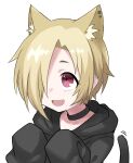  1girl animal_ears bangs blonde_hair blush cat_ears cat_girl cat_tail collarbone fang hair_over_one_eye halulu hands_up highres hood hoodie idolmaster idolmaster_cinderella_girls idolmaster_cinderella_girls_starlight_stage long_sleeves open_mouth shirasaka_koume short_hair simple_background sleeves_past_fingers sleeves_past_wrists smile solo tail 
