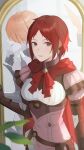 1girl 2girls breasts cape closed_mouth dress e5nf8v fire_emblem fire_emblem:_three_houses fire_emblem_warriors:_three_hopes gloves highres jewelry kronya_(fire_emblem) long_hair long_sleeves looking_at_viewer mirror monica_von_ochs multiple_girls official_alternate_costume official_alternate_hairstyle red_eyes red_hair redhead short_hair simple_background smile upper_body