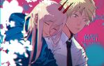  1boy 1girl black_necktie blonde_hair blue_hoodie bug butterfly chain chainsaw_man closed_eyes collared_shirt crying denji_(chainsaw_man) flower frown hair_between_eyes hair_flowing_over hood hoodie horns hug hug_from_behind long_hair looking_down multicolored_background necktie pink_background pink_hair power_(chainsaw_man) red_horns sad shirt short_hair smile tearing_up vivsss-g white_flower white_shirt 