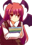 1girl bat_wings book fumikiri_(dake_no_hito) gradient gradient_background head_wings highres holding holding_book koakuma leaning_forward long_hair long_sleeves looking_at_viewer low_wings red_eyes red_hair redhead shirt simple_background smile solo stack touhou vest white_background wings