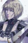 1girl armor blonde_hair blue_eyes blurry bodysuit cape clare_(claymore) claymore claymore_(sword) collarbone copyright_name dirty dirty_face highres jhony_caballero lips pauldrons petals short_hair shoulder_armor solo upper_body white_background white_cape wind wind_lift
