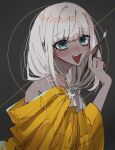  1girl :d bangs bead_necklace beads blush brown_background danganronpa_(series) danganronpa_v3:_killing_harmony from_side green_eyes grey_hair hand_up highres holding jacket jewelry long_hair long_sleeves low_twintails necklace off_shoulder open_mouth orange_jacket ru-pe_(gstm_0915) shiny shiny_skin simple_background smile solo teeth twintails upper_teeth yonaga_angie 