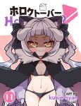  1girl adapted_costume animal_ear_fluff animal_ears animal_hands bangs bikini black_bikini black_cape blunt_bangs blush_stickers cape cat_ears chibi commentary demon_horns english_commentary evil_smile frilled_ribbon frills fur-trimmed_cape fur_trim grey_hair groin hair_ribbon highres hololive horns kukie-nyan long_hair looking_at_viewer murasaki_shion official_alternate_costume official_alternate_hairstyle ribbon shaded_face sidelocks smile solo swimsuit twintails virtual_youtuber yellow_eyes 