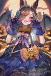  1girl animal_ears bat_wings blue_gloves brown_hair commentary gloves hair_over_one_eye halloween_costume hanato_(seonoaiko) highres horse_girl long_hair looking_at_viewer open_mouth rice_shower_(umamusume) short_sleeves teeth twitter_username umamusume upper_teeth white_headdress wings 