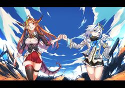 2girls absurdres ahoge amane_kanata angel angel_wings bangs blonde_hair blue_hair bow breasts clouds colored_inner_hair day dragon_girl dragon_horns dragon_tail feathered_wings fist_bump grey_hair gurenngi halo highres hololive horn_bow horn_ornament horns jacket kiryu_coco letterboxed long_hair multicolored_hair multiple_girls orange_hair outdoors pointy_ears red_eyes sand short_hair sky smile star_halo streaked_hair tail virtual_youtuber wings