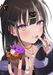  1girl bangs black_hair blush cat collarbone cupcake eating finger_in_own_mouth food ghost hair_between_eyes hair_ornament hairclip heart heart_in_eye highres jewelry looking_at_viewer nail_polish necklace original ring signature symbol_in_eye tsukana_(saba_mizore) violet_eyes 