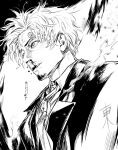  1boy alternate_hairstyle blood curly_eyebrows eg_(eastg111) from_below from_side greyscale licking_lips looking_to_the_side male_focus monochrome necktie nosebleed one_piece sanji_(one_piece) serious short_hair solo tongue tongue_out upper_body 