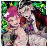  2boys :d absurdres ascot bandaged_hand bandages bangs black_gloves black_hair black_nails border braid cape collarbone collared_shirt danganronpa_(series) danganronpa_2:_goodbye_despair earrings fangs fingerless_gloves frills gloves grey_eyes grey_hair heterochromia highres jewelry joonoyuki male_focus medium_hair multicolored_background multicolored_hair multiple_boys nail_polish one_eye_closed open_mouth partially_unbuttoned pink_ascot pink_eyes pink_hair red_eyes scar scar_across_eye shirt side_braid smile souda_kazuichi tanaka_gandamu teeth tongue two-tone_hair undercut white_border 