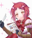 1girl blush closed_mouth dress fire_emblem fire_emblem:_three_houses fire_emblem_warriors:_three_hopes gloves hair_ornament long_hair long_sleeves looking_at_viewer monica_von_ochs official_alternate_costume official_alternate_hairstyle red_eyes redhead rein_rise short_hair simple_background smile solo sparkle upper_body