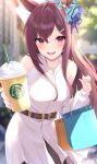 1girl absurdres alternate_costume bag belt black_hair blurry blurry_background blush brown_hair casual commentary_request cup depth_of_field drink drinking_straw hair_between_eyes hair_ornament hairclip highres holding_cup horse_girl jewelry long_hair looking_at_viewer mejiro_dober_(umamusume) necklace open_mouth paper_bag skirt smile solo umamusume violet_eyes zeatto