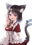 1girl :d animal_ears bell black_hair blue_eyes breasts cat_ears cat_girl cat_tail cleavage dress fang gradient_hair heterochromia highres indie_virtual_youtuber maid medium_breasts multicolored_hair multiple_tails nukota_natsuna open_mouth puffy_short_sleeves puffy_sleeves red_dress red_eyes sese_nagi short_hair short_sleeves skin_fang smile solo tail transparent_background two_tails v virtual_youtuber white_hair
