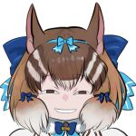 1girl aburaeoyaji animal_costume animal_ear_fluff animal_ears anya&#039;s_heh_face_(meme) blue_bow bow bowtie brown_eyes brown_hair chipmunk_costume chipmunk_ears chipmunk_girl extra_ears hair_bow kemono_friends kemono_friends_v_project looking_at_viewer meme microphone multicolored_hair open_mouth parody ribbon scarf shirt short_hair siberian_chipmunk_(kemono_friends) simple_background smile solo spy_x_family vest virtual_youtuber