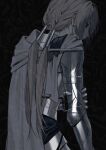  1boy armor bedivere_(fate) black_background cape crying fate/grand_order fate_(series) from_behind grey_hair highres holding_own_arm long_hair low_twintails male_focus prosthesis prosthetic_arm twintails x49xp 